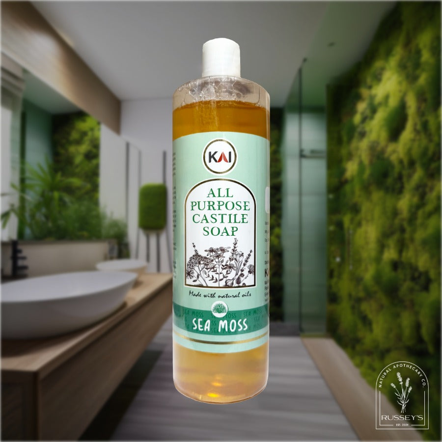 Bottle of Kai All Purpose Castile Soap with Sea Moss in a bathroom setting