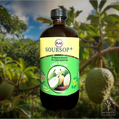 Bottle of Kai Soursop+ tonic with a natural setting in the background