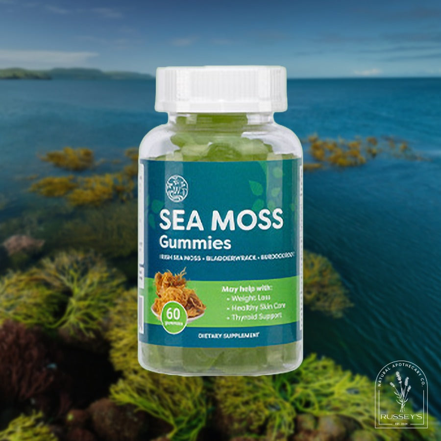 Bottle of Sea Moss Gummies with a scenic background