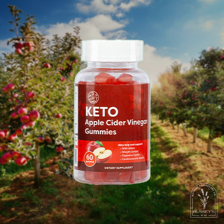 Bottle of keto apple cider vinegar gummies with an orchard background