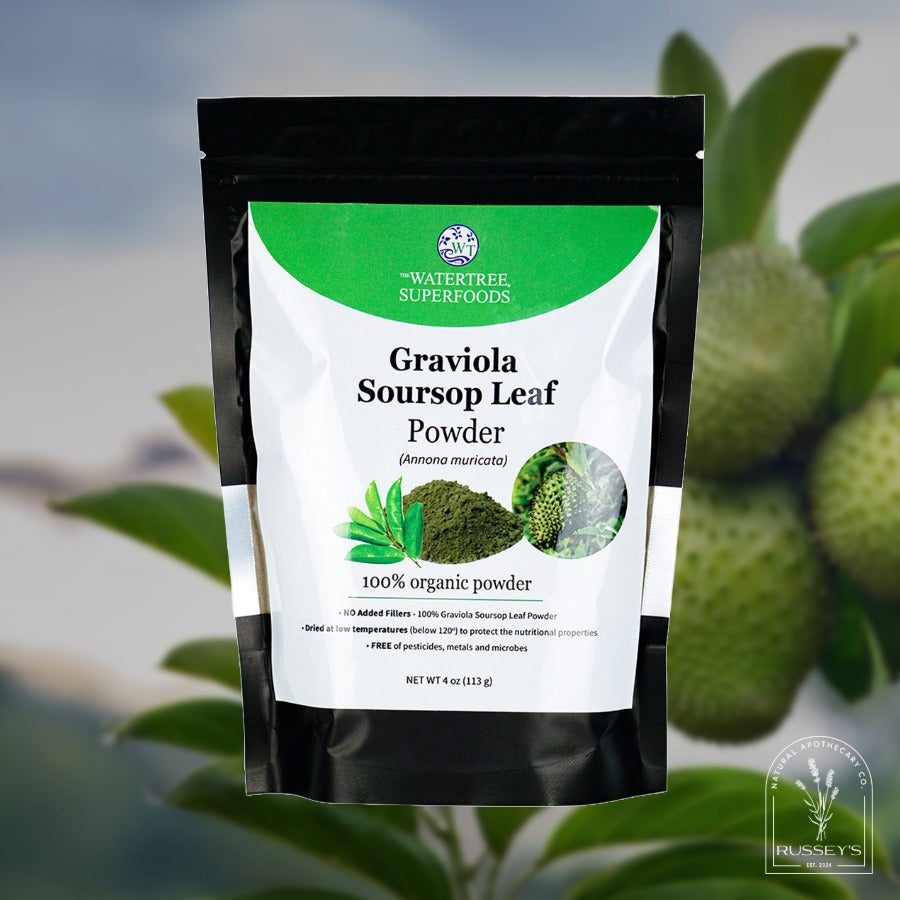 Graviola Soursop Leaf Powder package with green leaves in the background