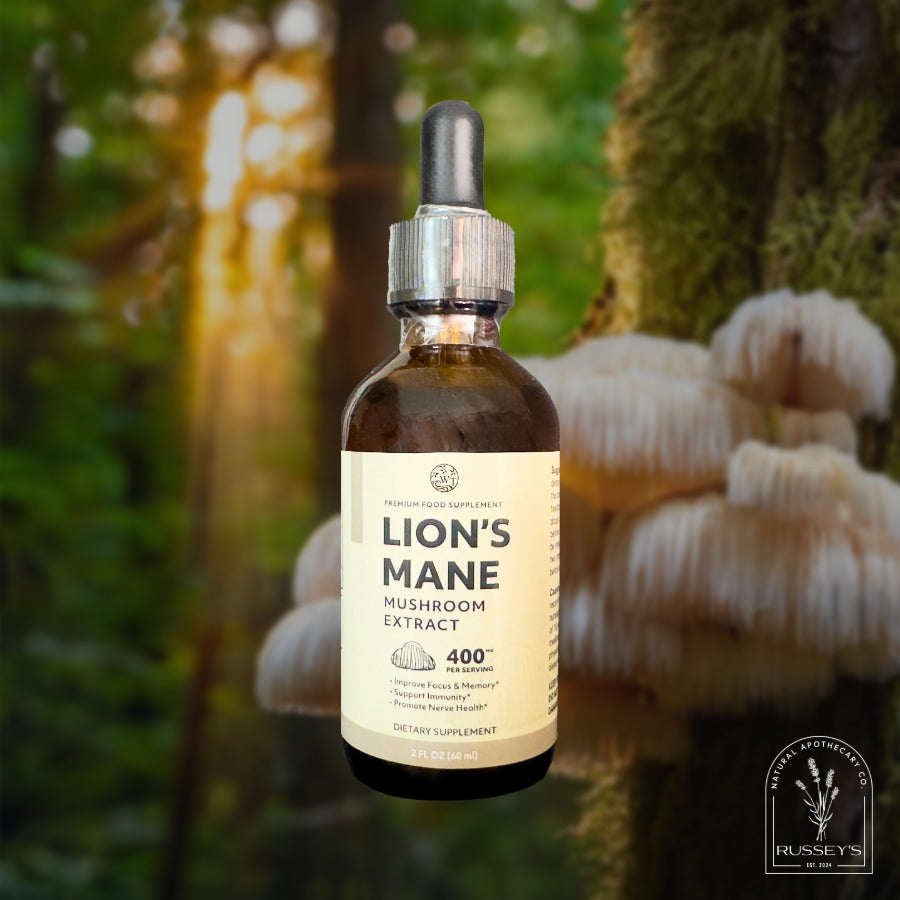 Bottle of Lion's Mane mushroom extract with a forest background