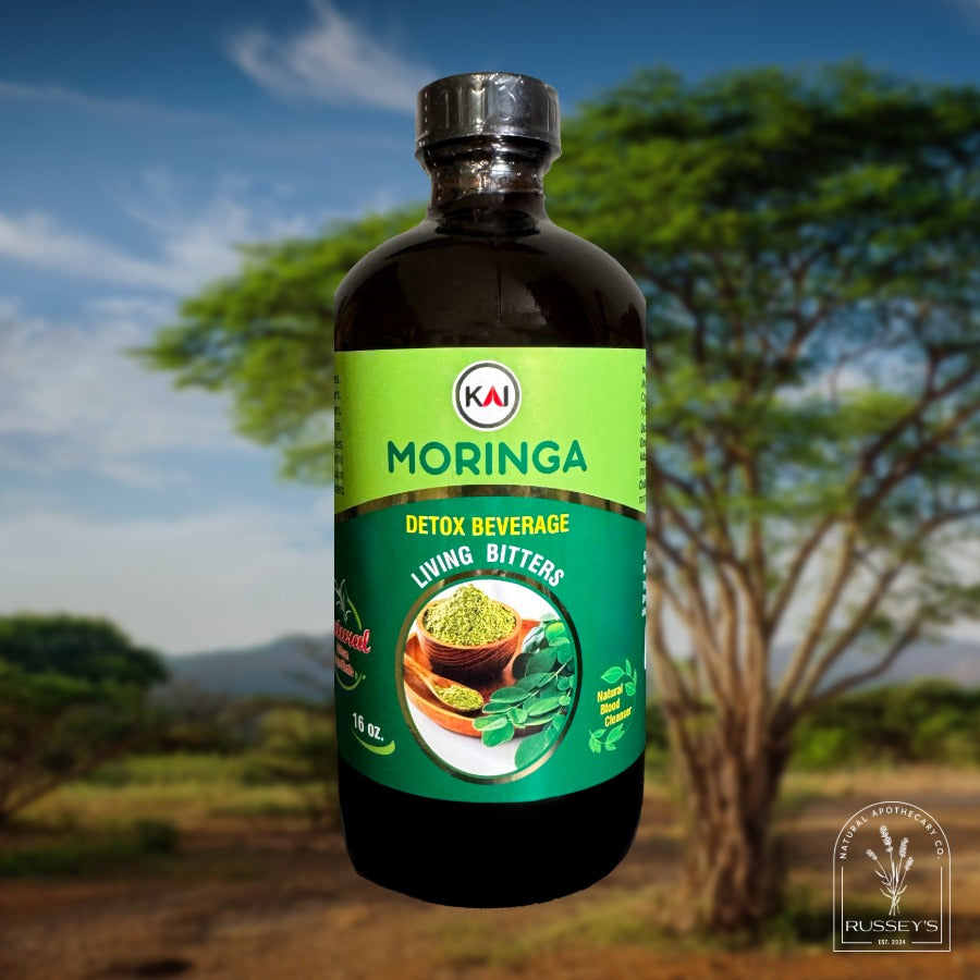 Bottle of Moringa detox beverage with a natural background