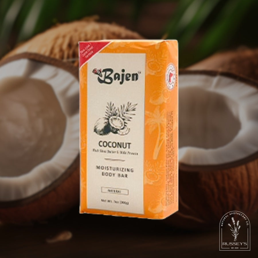 Bajen Coconut moisturizing body bar packaging with coconuts in the background