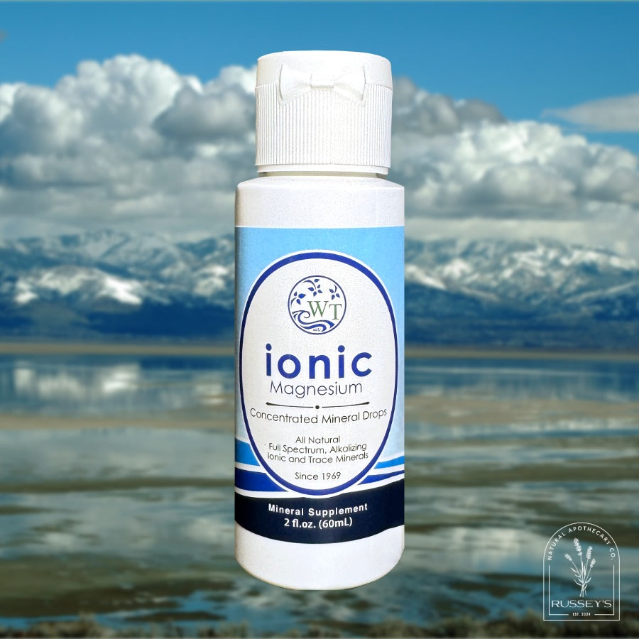 Bottle of Ionic Magnesium supplement with a scenic background of mountains and water.