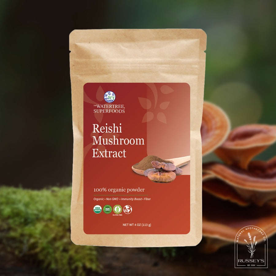 Package of Reishi Mushroom Extract from WaterTree Superfoods with a blurred background of mushrooms.