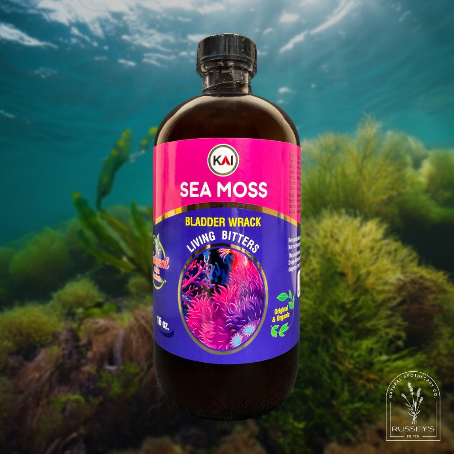 Bottle of Kai Sea Moss Bladder Wrack Living Bitters with a colorful label against an underwater background