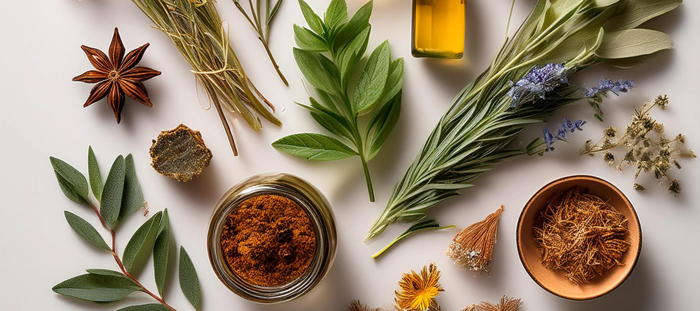 Herbs and spices on a light surface