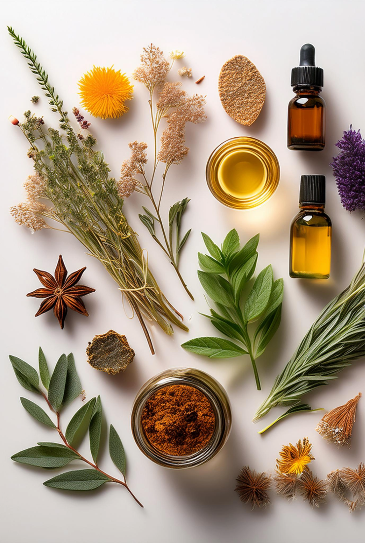 Herbs, flowers, and essential oil bottles on a light background