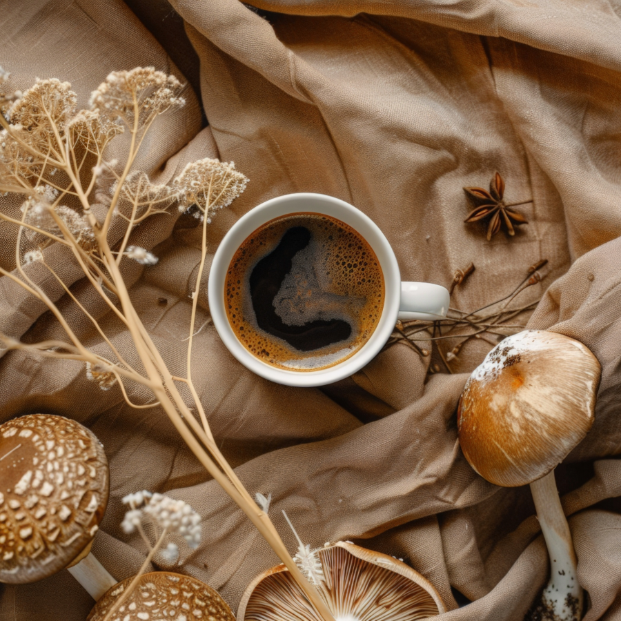 Mushroom coffee surrounded by herbal spices and mushrooms