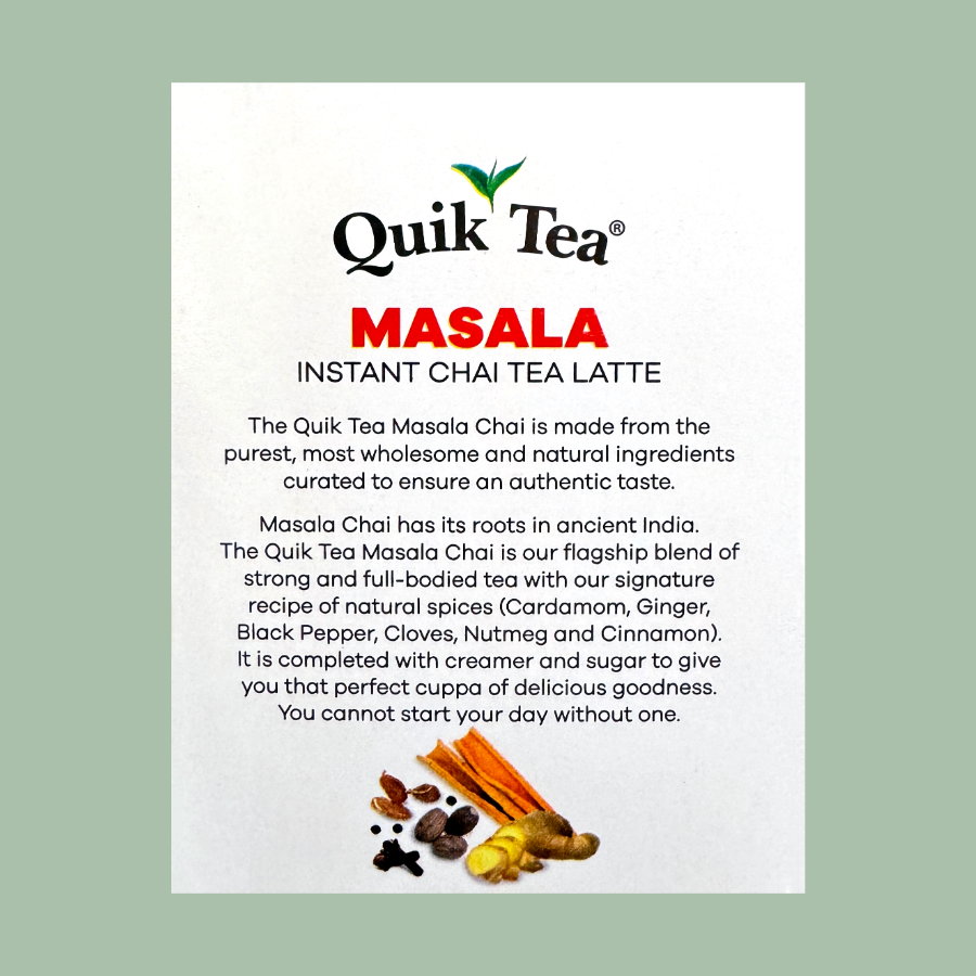 Delicious Quik Tea Instant Masala Chai Tea Latte available for purchase at Russey's Natural Apothecary, product of India containing cardamom, ginger, black pepper, cloves, nutmeg, and cinnamon