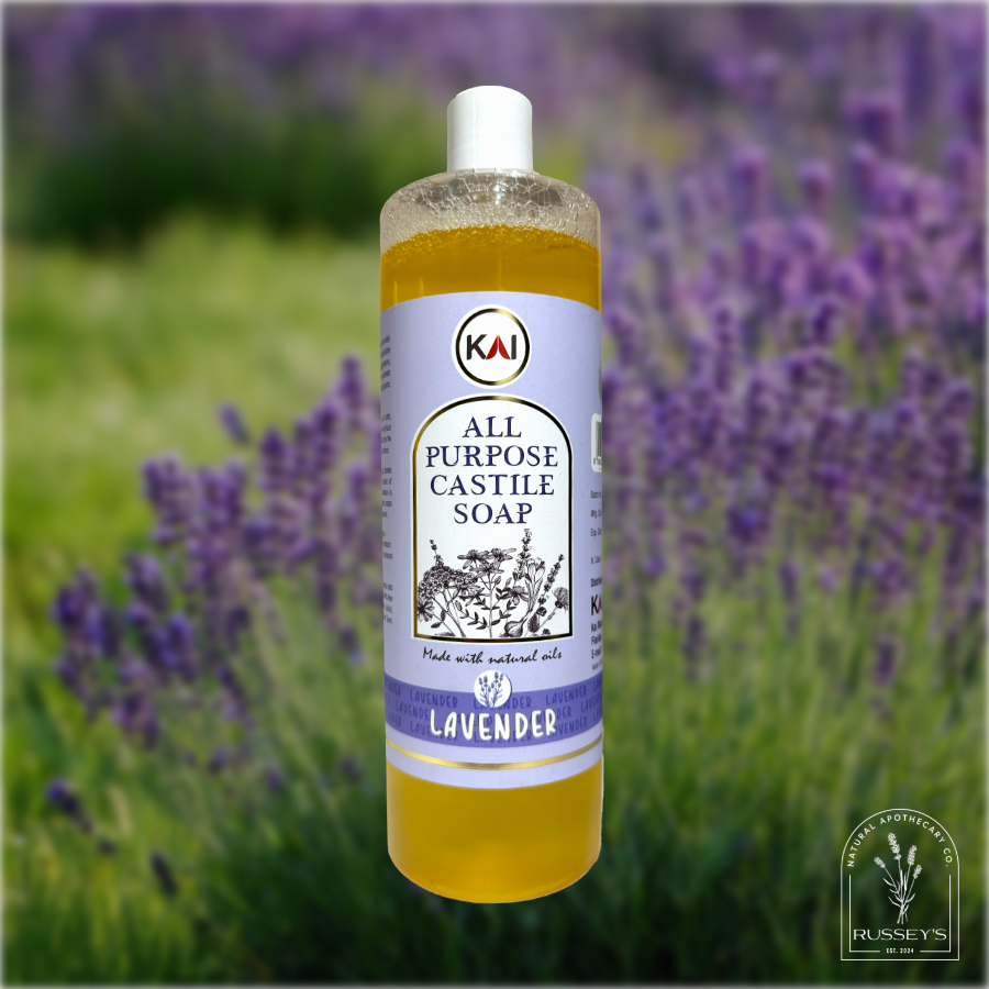 Kai All-Purpose Liquid Castile Soap surrounded by a field of lavender and grass