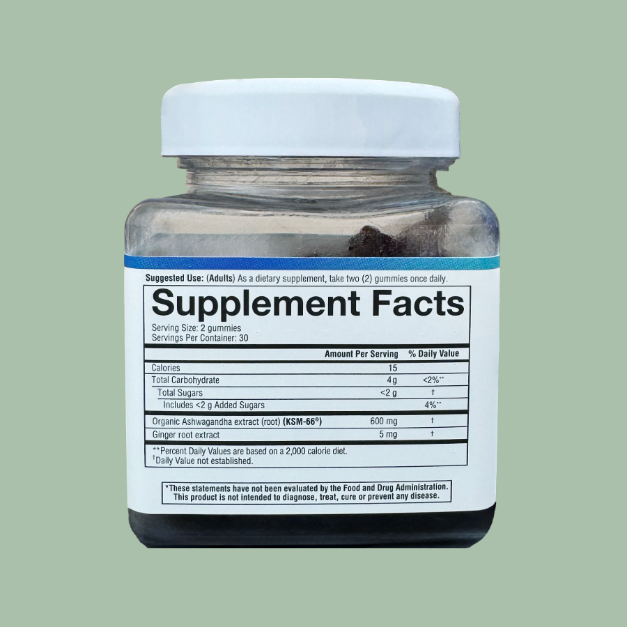 Youtheory Ashwagandha Gummies nutritional label and supplement facts for KSM-66 full-spectrum ashwagandha root extract.