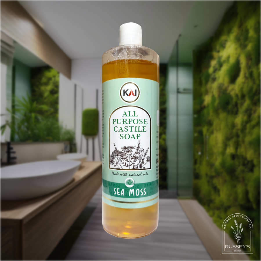 Kai Sea Moss Castile Soap for Home and Body shown in modern bathroom with succulent sea moss accents
