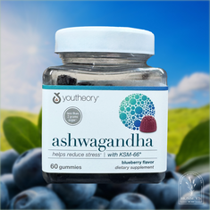 Youtheory Ashwagandha Gummies with KSM-66, blueberry flavor, 60 count bottle for stress support