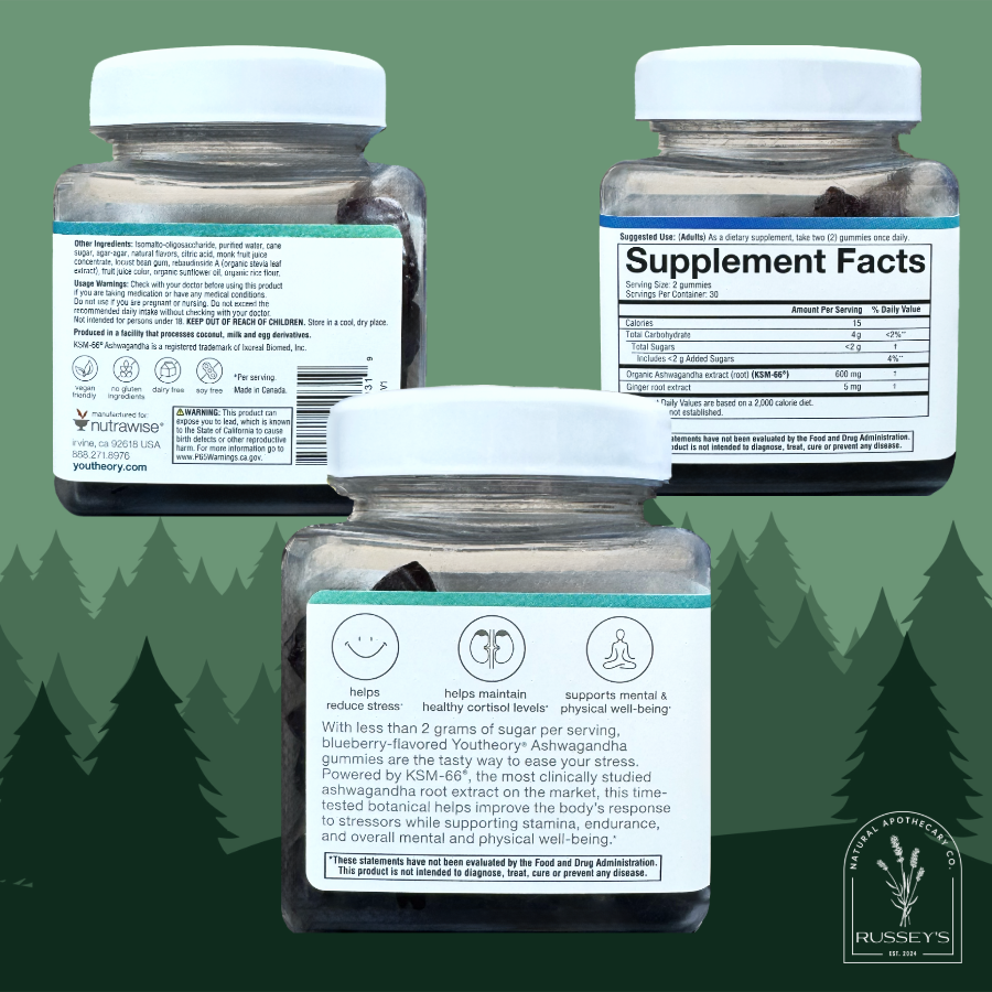 Youtheory Ashwagandha Gummies benefits, ingredients, and supplement facts for KSM-66 full-spectrum ashwagandha root extract.