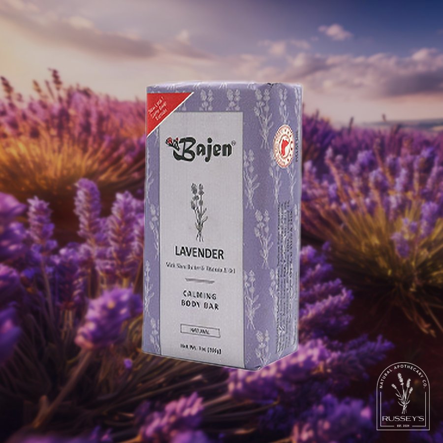 Bajen Lavender calming body soap bar on background of lush lavender field and bright sky