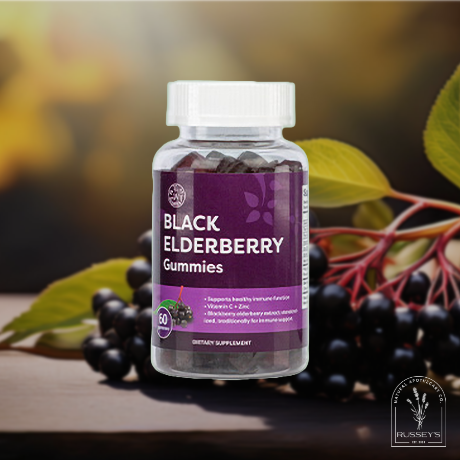 60 Black Elderberry Gummies in bottle by The Water Tree Superfoods