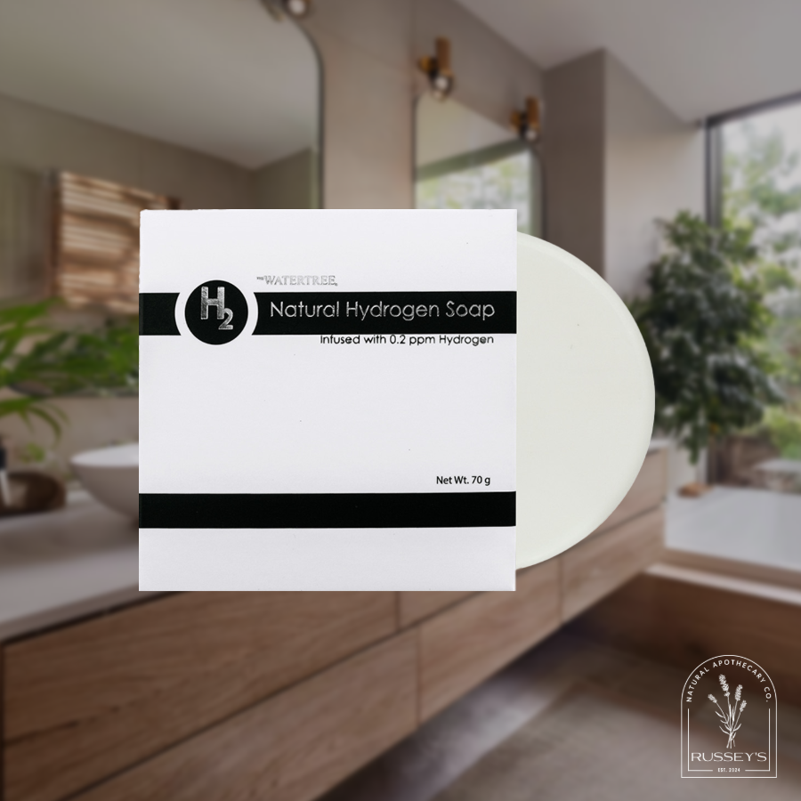 H2 Natural Hydrogen Soap by The Watertree (Dream Tree Family), infused with 0.2 ppm of hydrogen, shown in a modern, elegant bathroom with natural accents