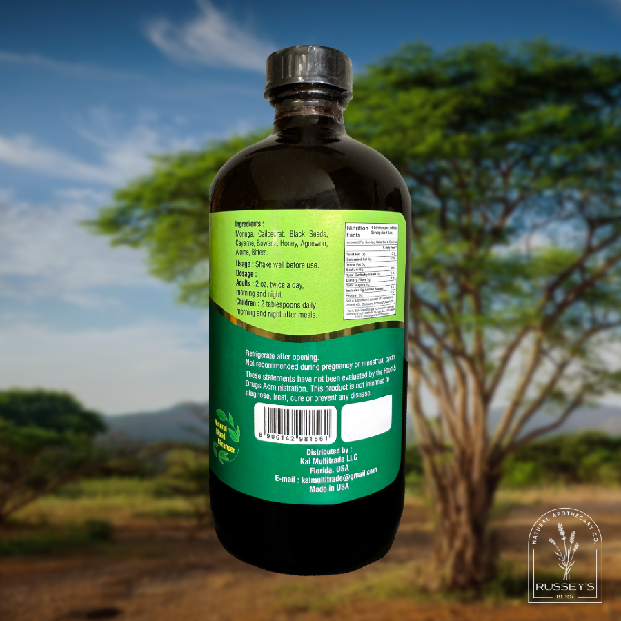 Moringa living bitters detox beverage with black seeds, cayenne, honey, with product shipping from Houston, TX