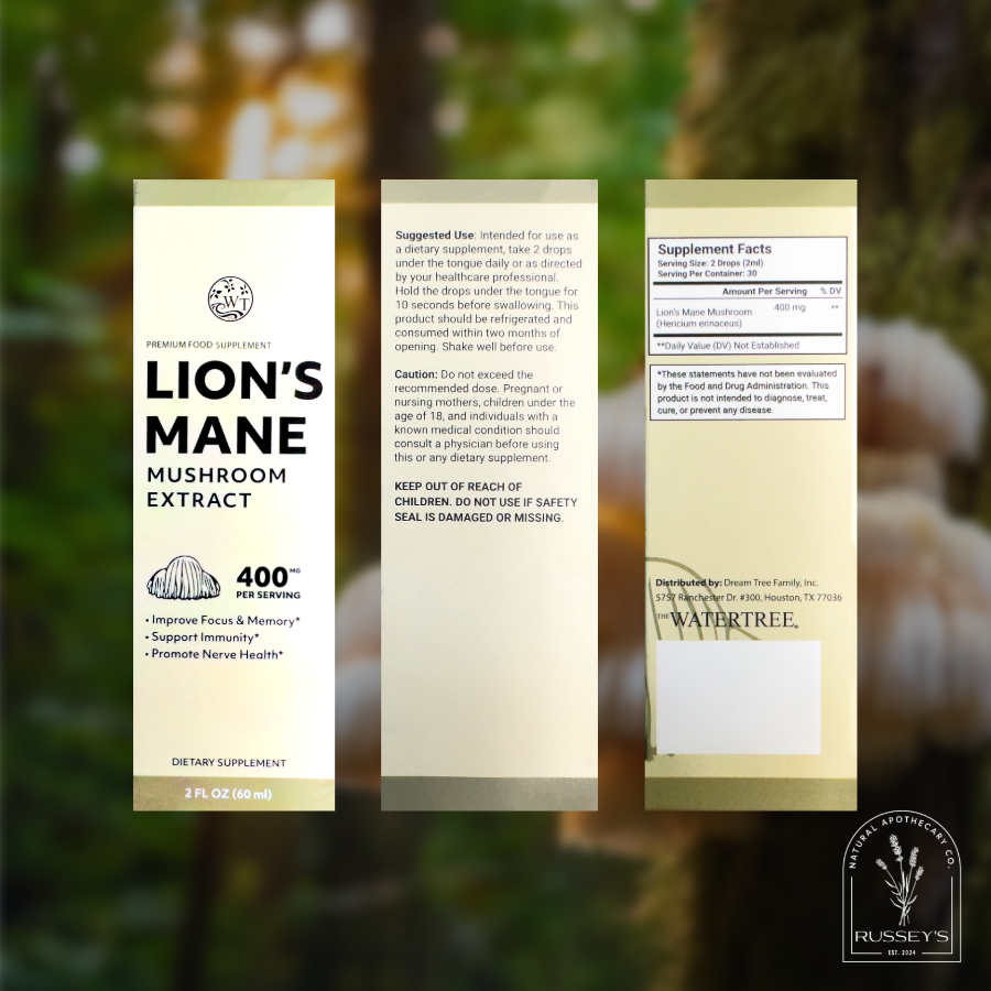 Supplement facts and how to use Lions Mane Mushroom Extract Drops by Water Tree Superfoods