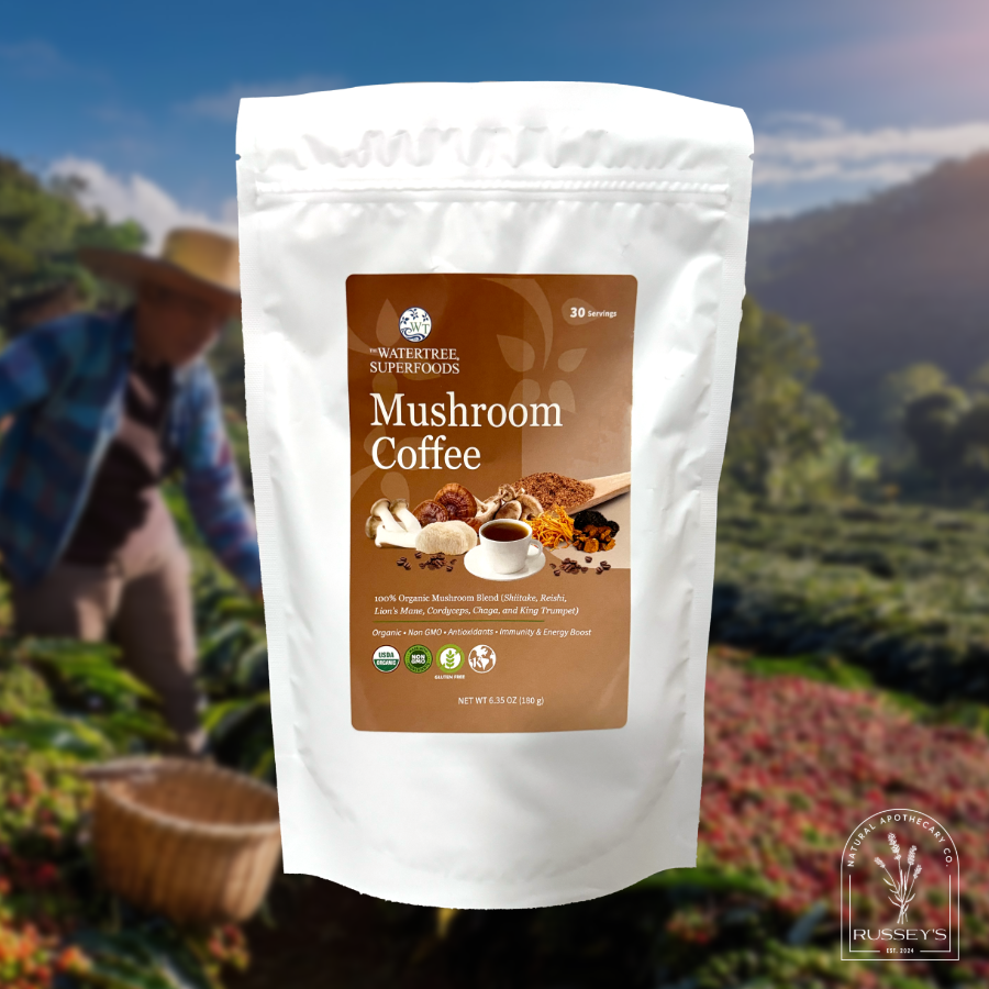 Mushroom coffee by The Water Tree Superfoods with organic shiitake, reishi, lion's mane, cordyceps, chaga, and king trumpet mushrooms