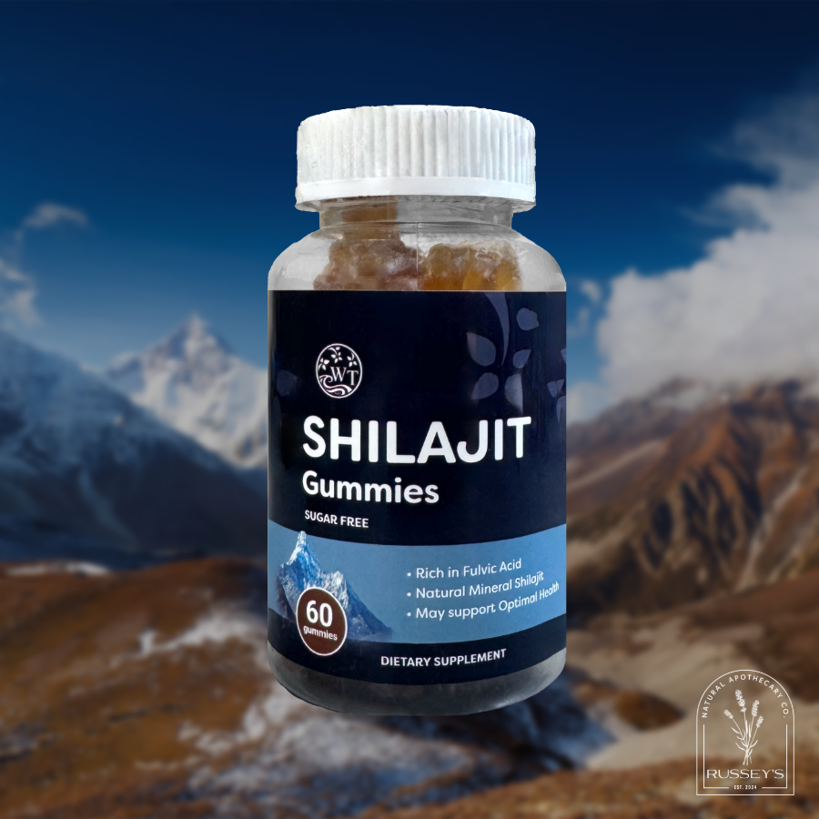 Shilajit gummies by Water Tree (Dream Tree Family, Inc) , rich in fulvic acid, portrayed on background image of The Himalayas