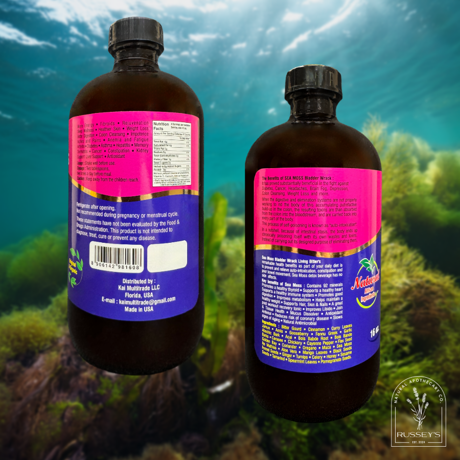 Sea moss bladder wrack living bitters tonic bottles surrounded by seaweed and sea moss in light blue ocean background