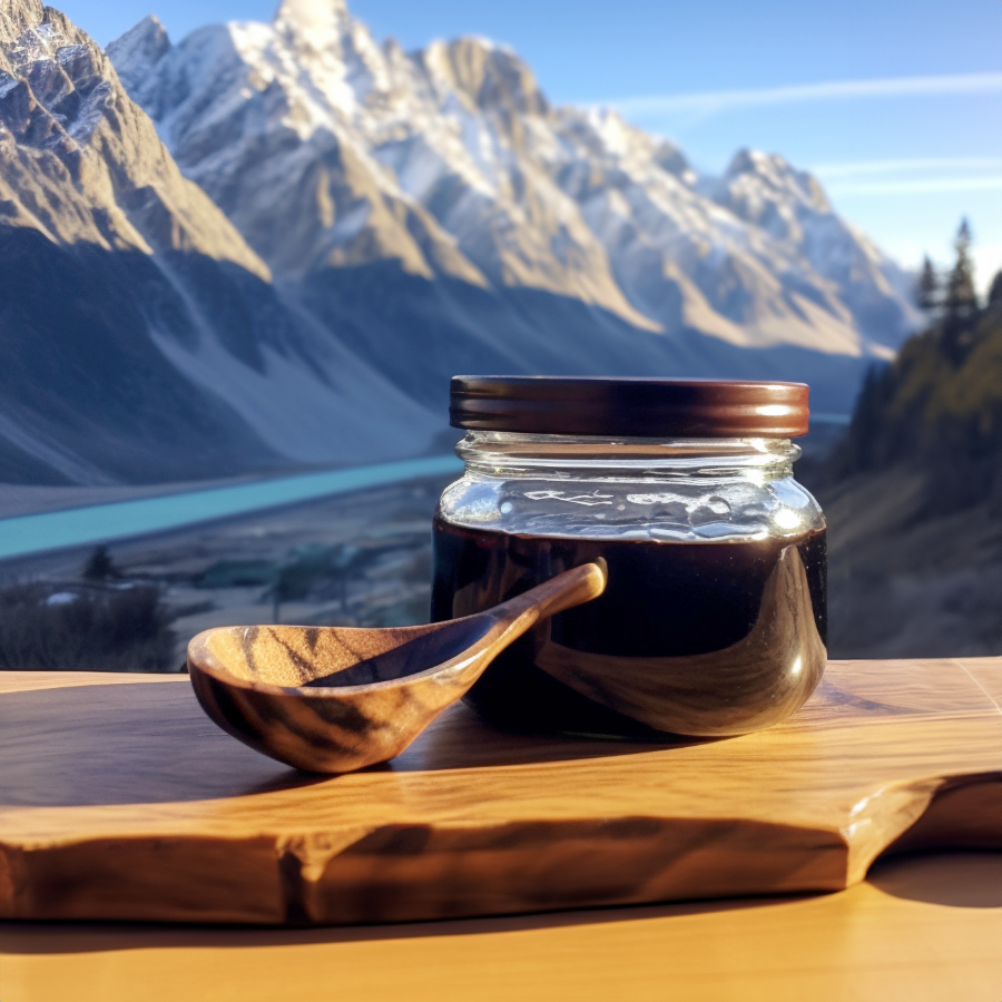 Shilajit resin on wooden table in a valley, surrounded by snow-capped mountains and trees